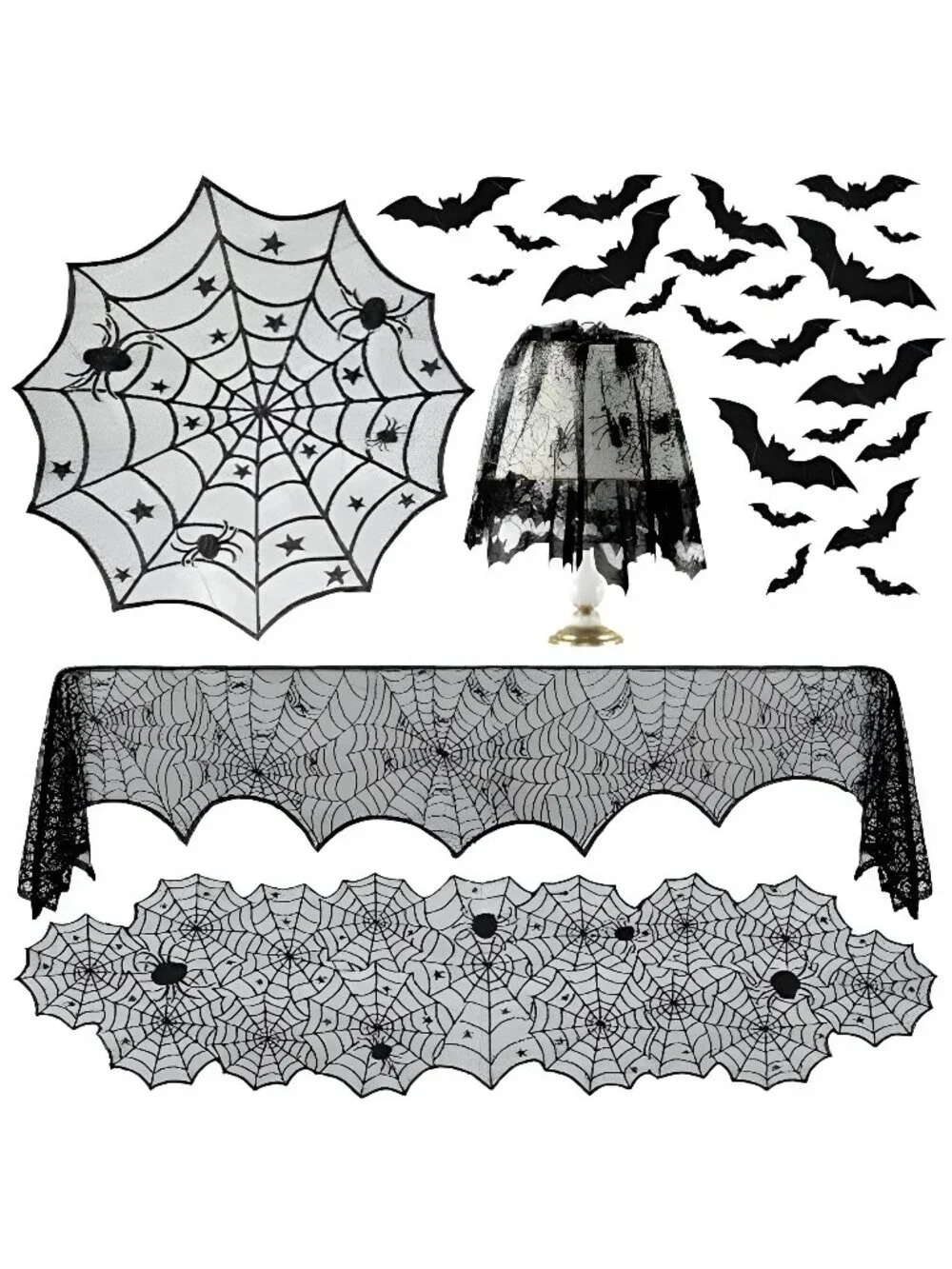 36 Pack Halloween Decorations Set, Black Lace Spiderweb Round Tablecloth,